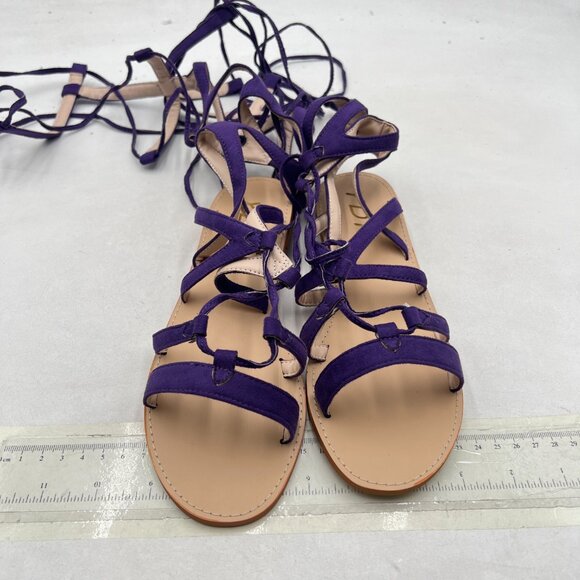 YDN Purple Sexy Knee High Lace up Flats Fringe Low Heel Gladiator Strap Sandals - Picture 3 of 8